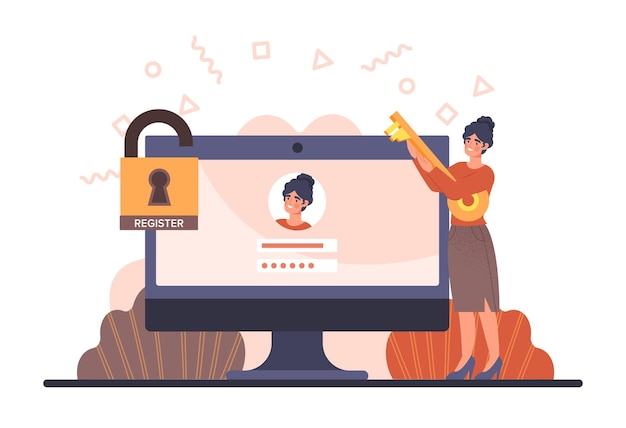 Woman register online concept female character authenticates in social network with password or key