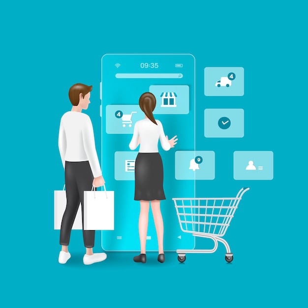 Woman stands in front of a smartphone and presses online order button and a man stood beside her holding a shopping bagvector 3d isolated on blue background for technology and online shopping concept
