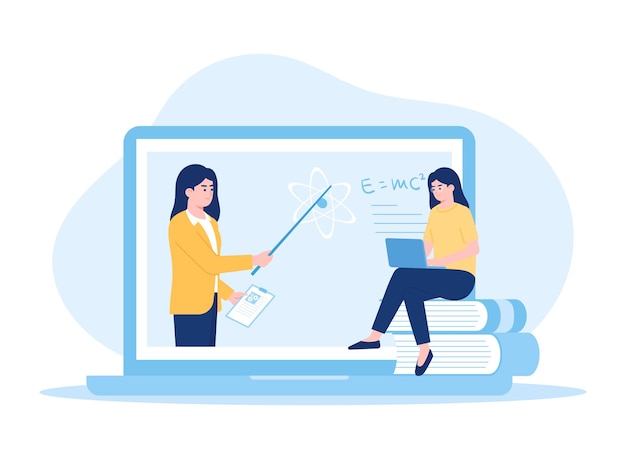 Woman studying using laptop with books concept flat illustration