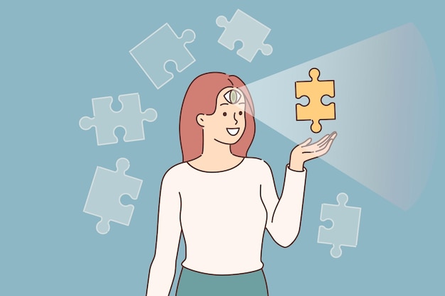 Woman uses intuition to choose right solution from several options and has third eye in forehead