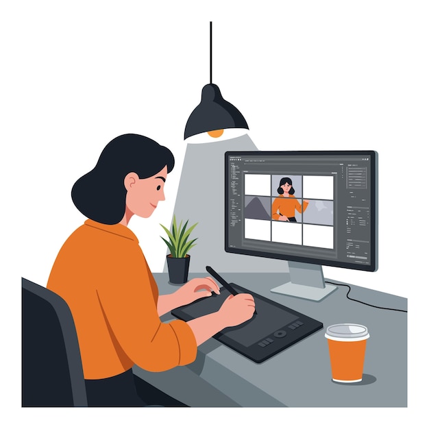 Woman using graphic tablet to design digital art while sitting at desk