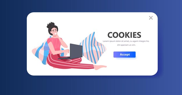 woman using laptop cookie protection of personal information internet web pop up we use cookies policy notification