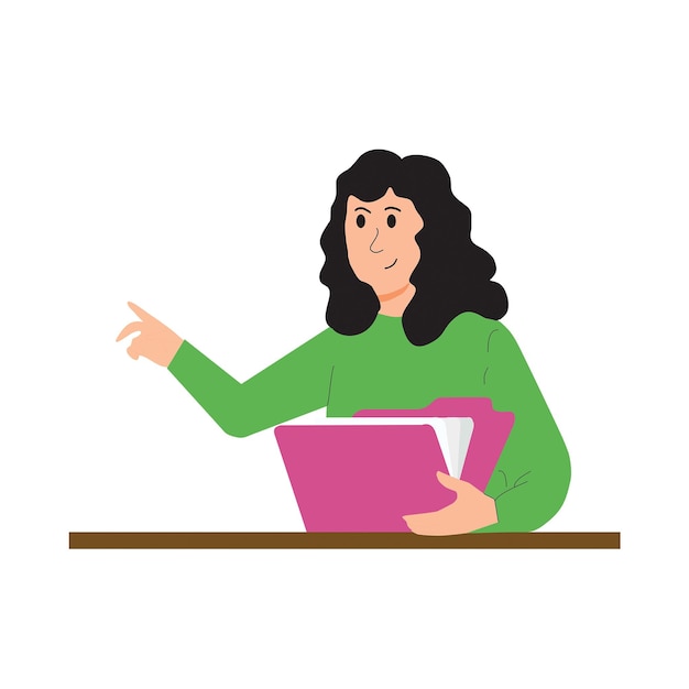 Woman wearing green coat with a folder with paper sheets on a desk on a white background