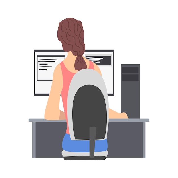 Woman Web Developer or Programmer Working In Front of Computer Screen Vector Illustration