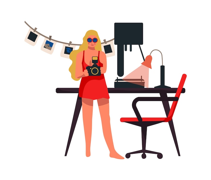 Vektori woman with camera work at home photographer developing films young female character shooting photographs retro method of making snapshots vector cute girl working in photo studio