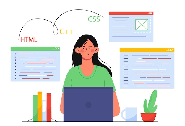 Woman with code concept programmer and it specialist at workplace with laptop young girl develop