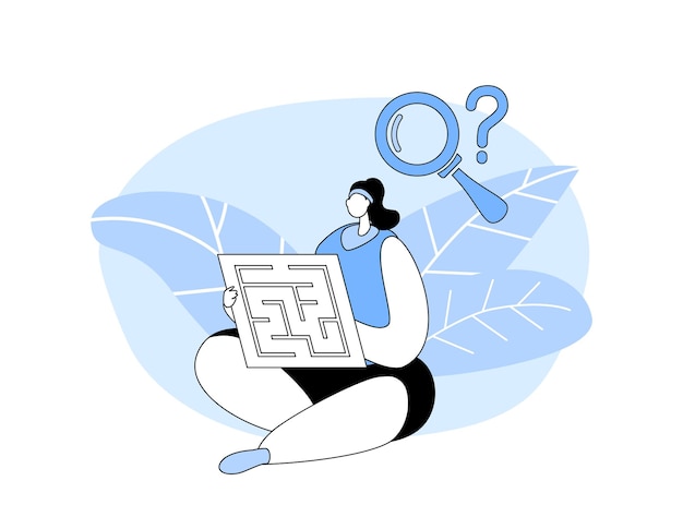 woman with labyrinth board game playing searching solution challenge task female character figure out exit in maze
