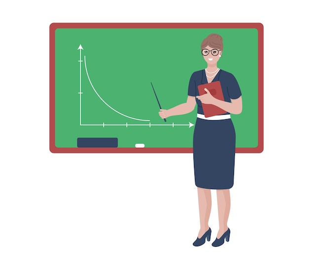 Woman with pointer next to board School teacher character