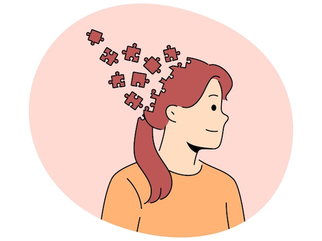 Woman with puzzle head as metaphor for chaos in head and lack of planning to solve tasks