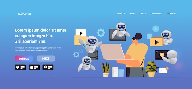 Woman with robots watching videos on laptop online education e-learning video tutorials live streaming concept