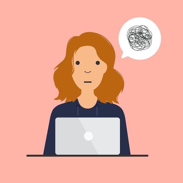 Woman with tangled thoughtsBusiness problem solving or difficult situationBubble with mess thoghts