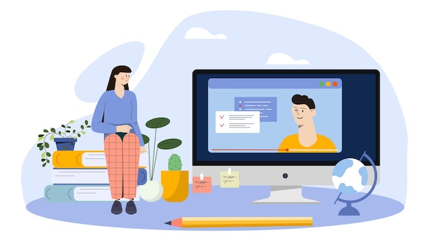 woman with video lesson vector concept
