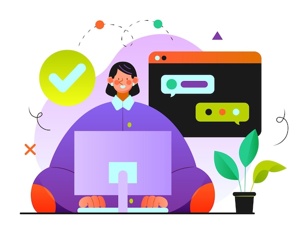 Woman Working on Computer with Green Checkmark and Chat Browsers