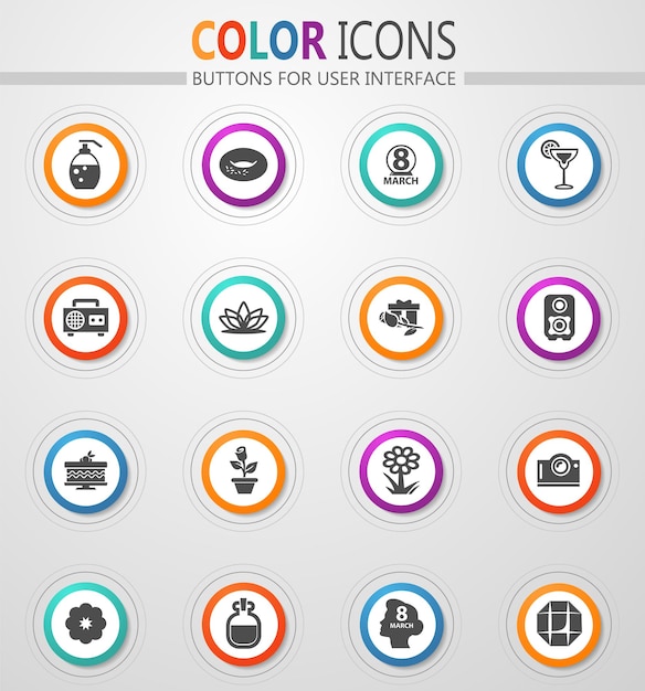 Womens Day icons on round white buttons with color strokes