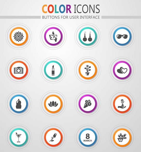 Womens Day icons on round white buttons with color strokes