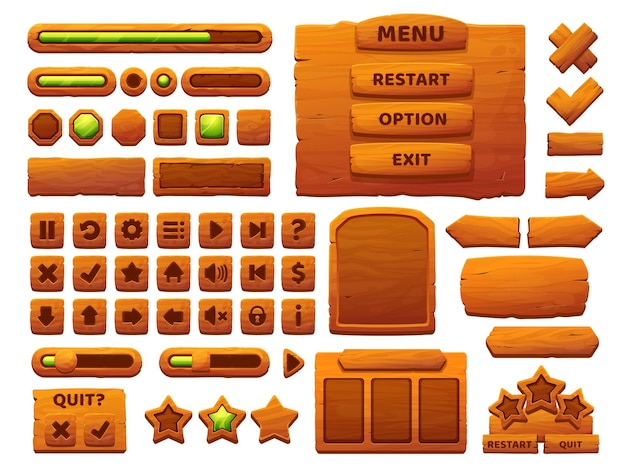 Wooden buttons cartoon interface game UI elements