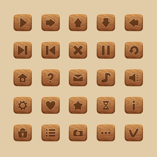 Wooden game UI buttons Cartoon home screen interface and menu icons comic GUI start play pause restart buttons asset Vector isolated set