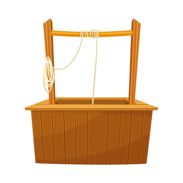 Wooden Well as Structure in the Ground for Accessing Water with Rope for Pulling Bucket Vector Illustration