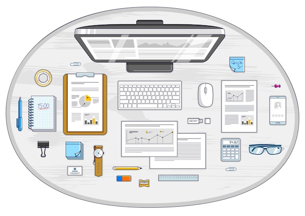 Work desk workspace top view with PC computer and analytics papers with graphs and data and stationery objects on table All elements are easy to use separately or recompose illustration Vector