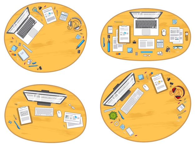 Work desks workspaces top view with PC or laptops and a lot of different stationery objects and analytics documents on tables, look above. All elements are easy to use separately. Vector set.