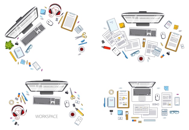 Work desks workspaces top view with PC or laptops and a lot of different stationery objects and analytics documents on tables look above All elements are easy to use separately Vector set