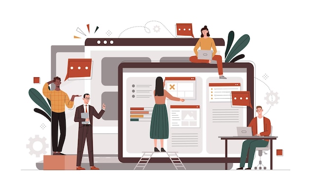 Work online communication concept men and women work at common project organizing effective work