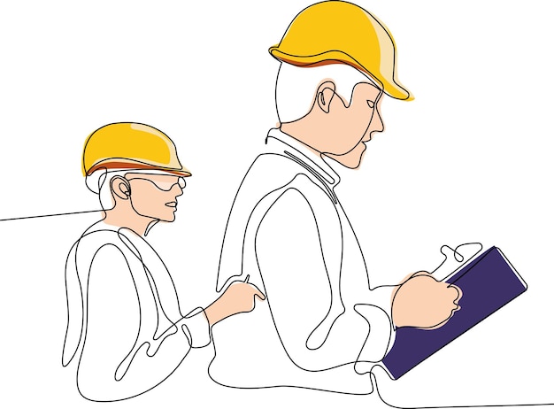 Workers in machine industrial factory. Continuous one line drawing for your minimal design