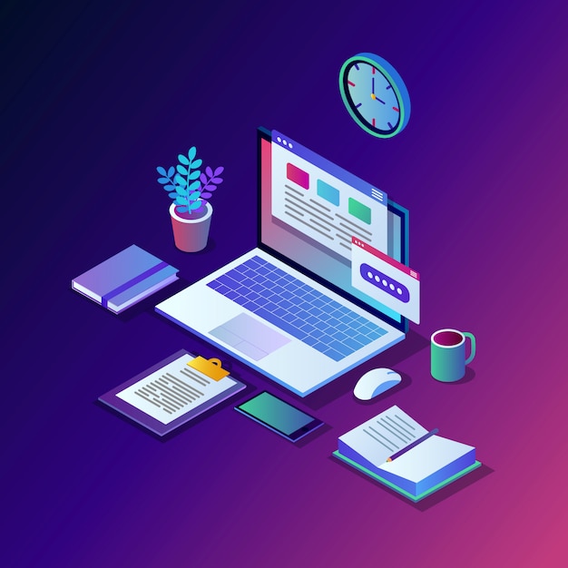 Working process. Time management. 3d isometric office workplace with computer, laptop, pc, mobile phone, coffee, clock, calendar, document.