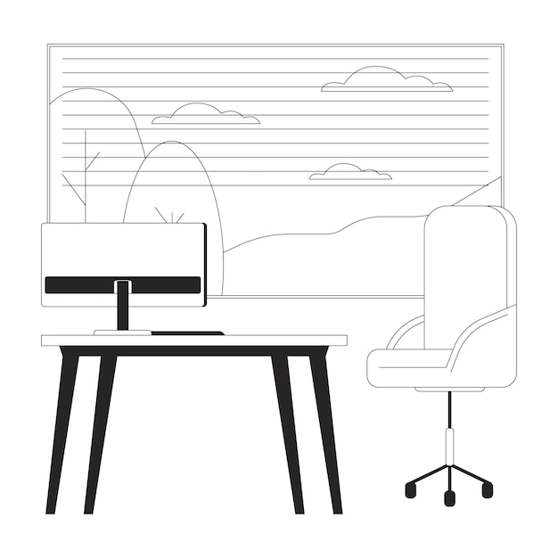 workplace comfortable black and white 2d line cartoon object workspace table with office chair near window isolated vector outline item furniture technology monochromatic flat spot illustration