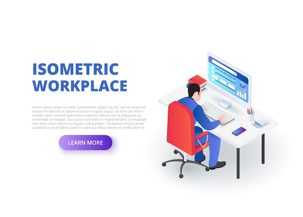 workplace design concept with sitting man isometric vector illustration
