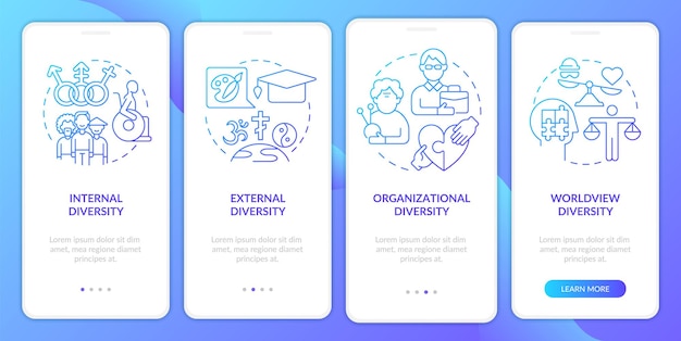 Workplace diversity blue gradient onboarding mobile app screen