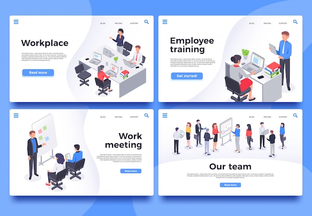 Workplace landing page. Office workers, brainstorm meeting and business team  illustration set