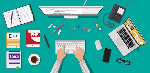Workplace of programmer or coder.