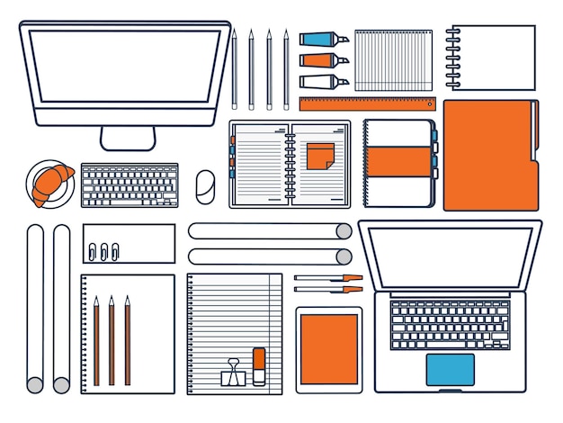 Workplace with table and computer laptop documents papers notepad pencil paperwork office work job