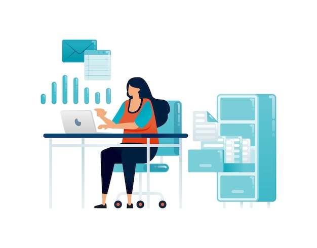 Workspace illustration of business woman working behind desk and reviewing company report archived