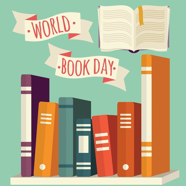 World book day, books on shelf with festive banner