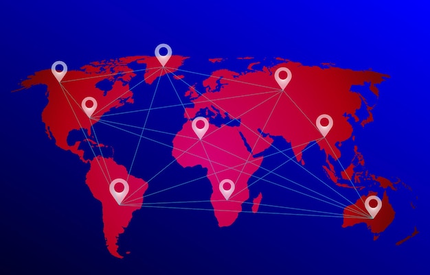 World map with global technology or social connection network with pin sign vector