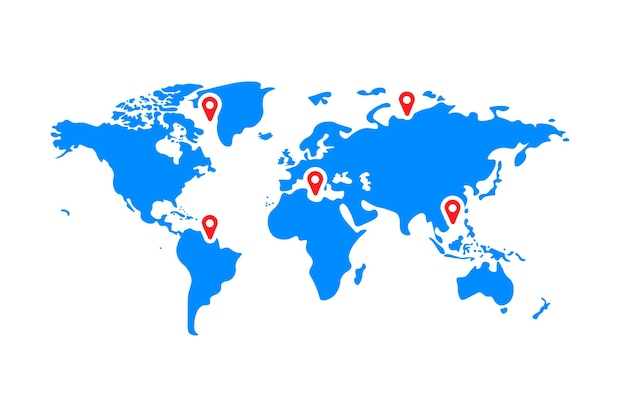 World map with location icon vector illustration blue color World map template with continents