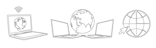 World with connected computers One line laptop with worldwide intertet globe access computers and globe connection concept vector Illustration set