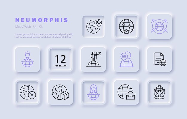 worldwide work set icon planet location pointer employee briefcase clock flag achievement delivery aspirations business concept neomorphism vector line icon for business and advertising
