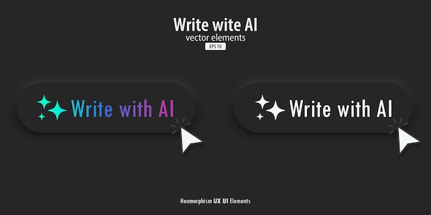 Write with AI button Black button have neon lights with Write with AI text 3D Neumorphism design for App Website Interface and mobile app Artificial intelligence technology Vector illustration
