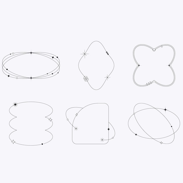 Y2K minimalist aesthetic line elements set Abstract modern linear shape design with stars