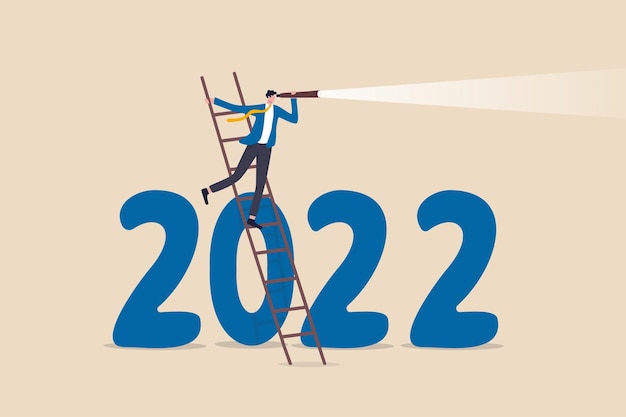 year 2022 economic outlook, forecast or visionary to see future ahead, challenge and business opportunity concept, smart businessman climb up ladder to see through telescope on year 2022 number.