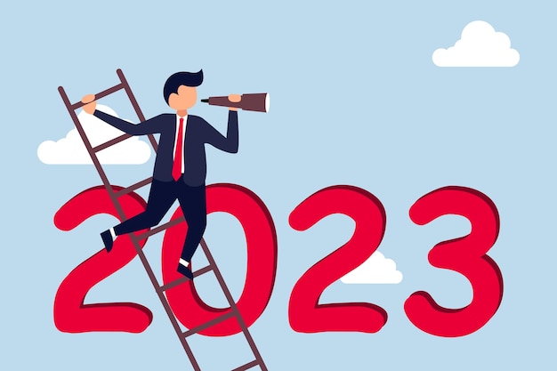 year 2023 business outlook vision to see the way businessman leader using telescope to see vision on top of ladder above year 2023 number