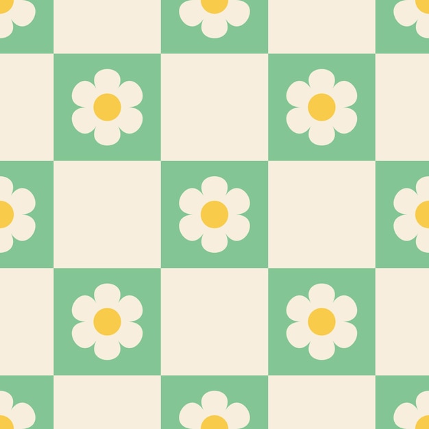 Yellow and white flowers on green checkered background Vector seamless pattern retro colors