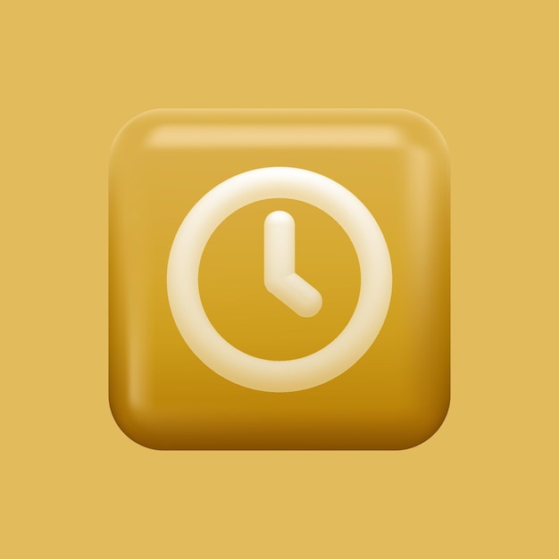 Yellow Clock Icon. Isolated 3D Square App Button. Vector illustration