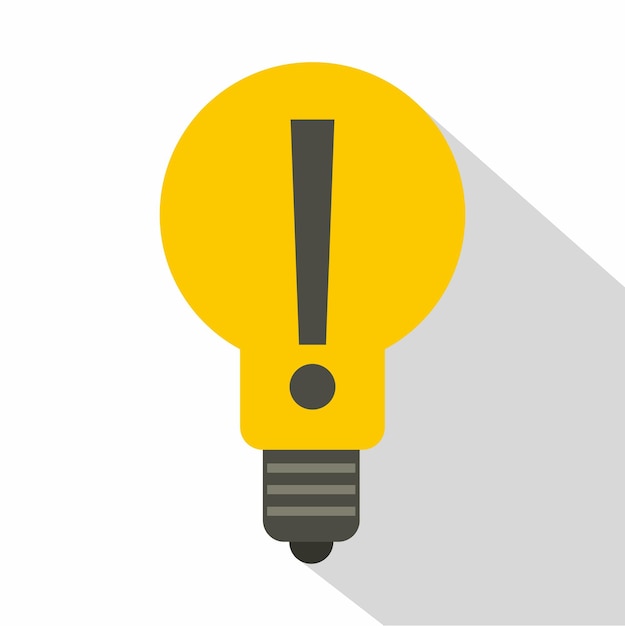 Yellow light bulb with exclamation mark inside icon. Flat illustration of yellow light bulb with exclamation mark inside vector icon for web