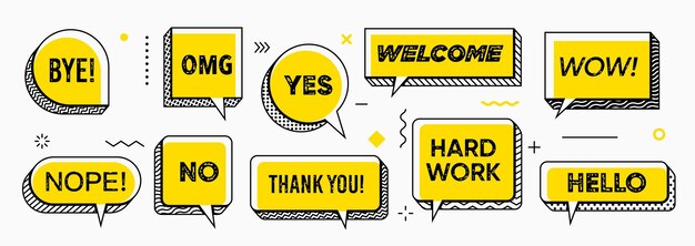 Yellow Memphis speech bubbles isolated vector set