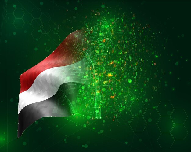 yemen, vector 3d flag on green background with polygons and data numbers