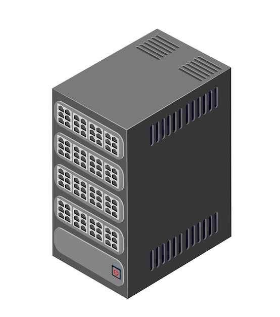 Yksittäinen palvelinverkkoteknologia yhteyden datakeskuksen tietojenkäsittelypilveen. Tekninen isometrinen 3D-kuvitus tietokanta tietokone datakeskus.